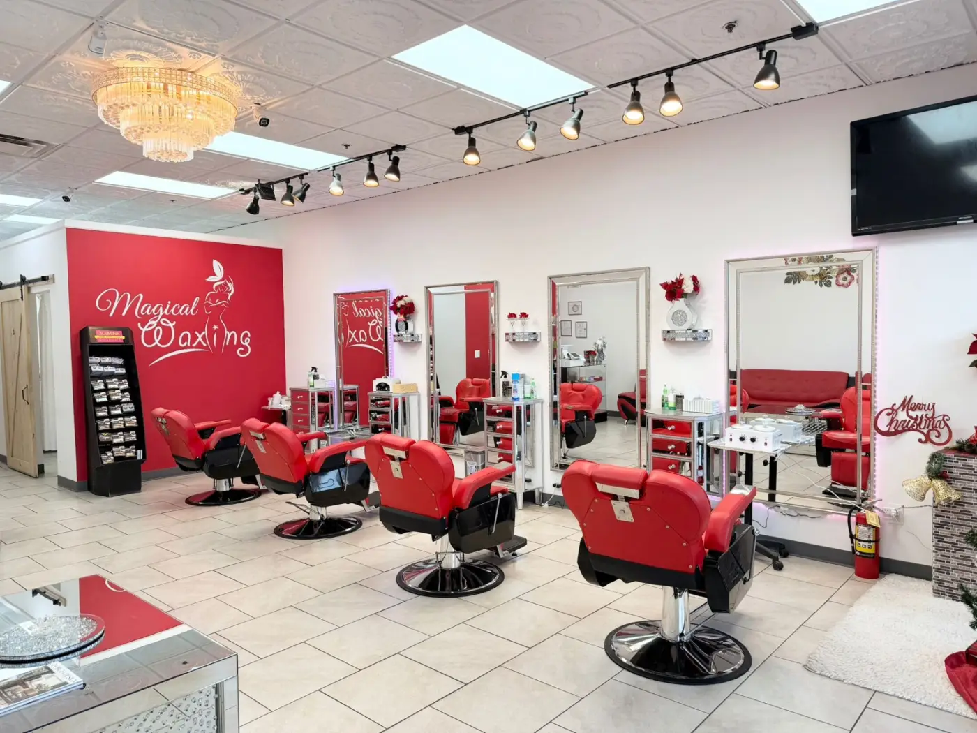 Beauty service stations and mirrors at a Magical Waxing® studio in metro Atlanta